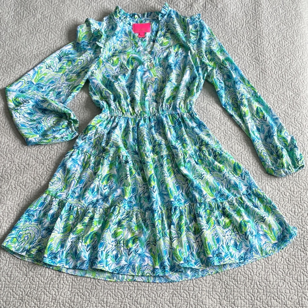 Lilly Pulitzer Blue & Green Tiered Long-Sleeve Dress XS Kelsie Resort